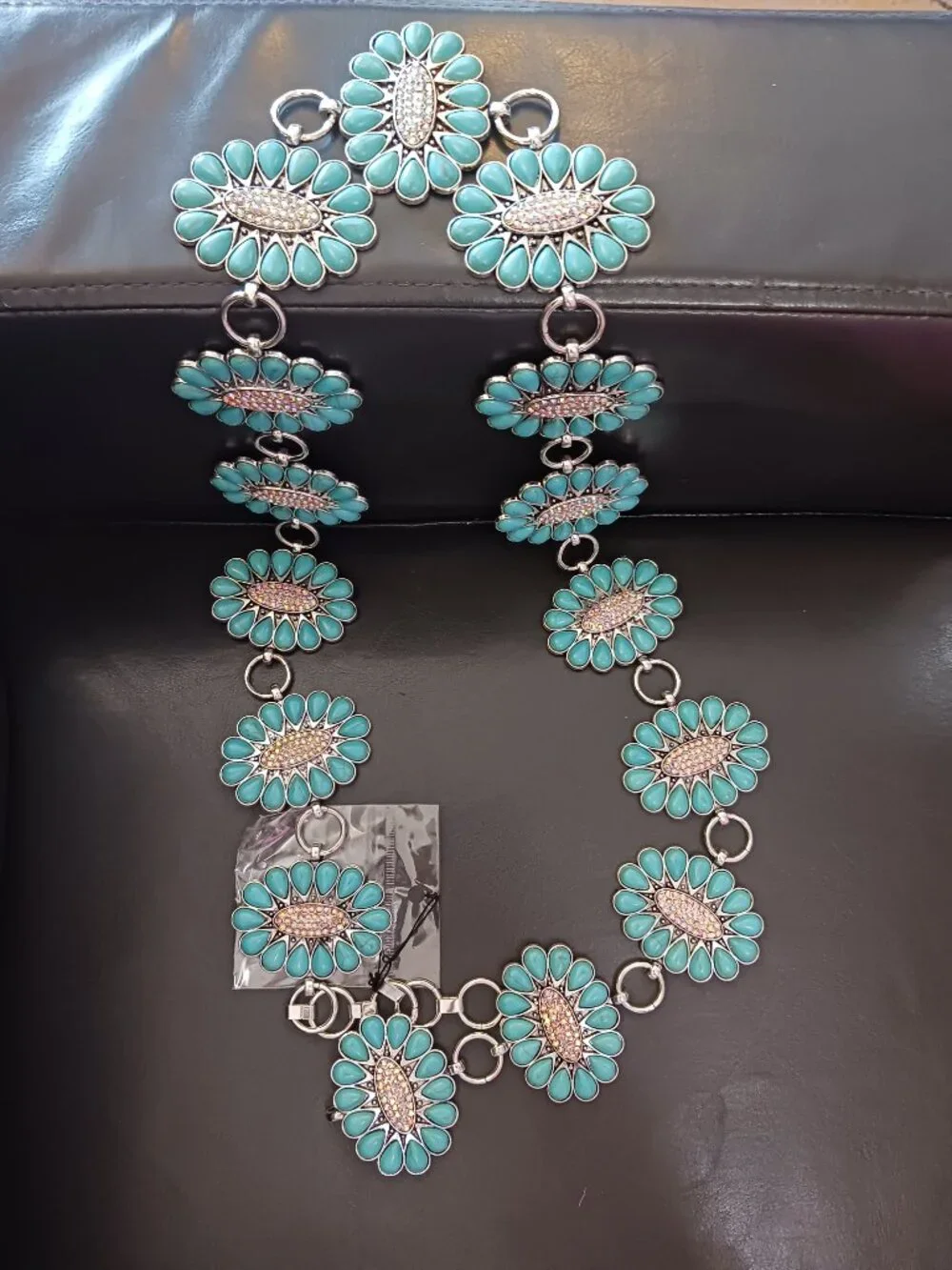 Concho Belt Turquoise Colored Stone with Crystal Stone Center